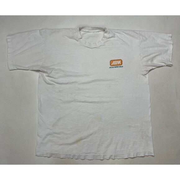 VINTAGE APM Atlas Paper Mills Graphic T-shirt Men XL White USA 90s Single Stitch - Picture 1 of 13